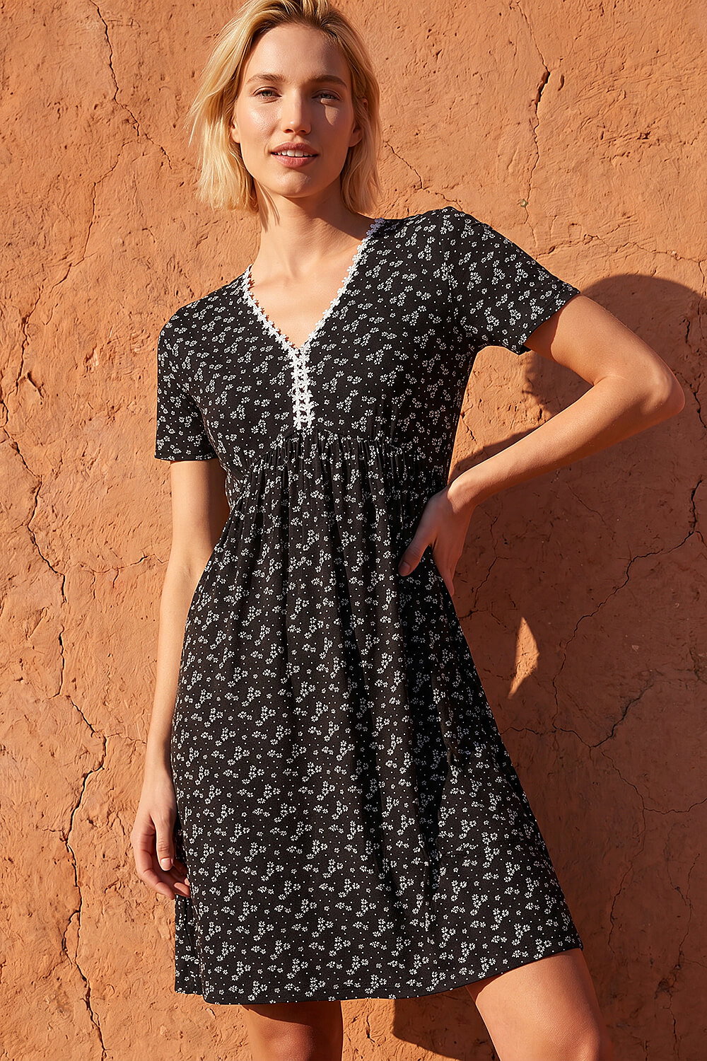 Black Ditsy Floral Print Trim Dress, Image 1 of 4