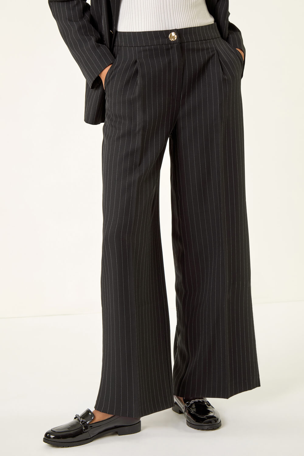 Black Pinstripe Wide Leg Trousers, Image 6 of 7