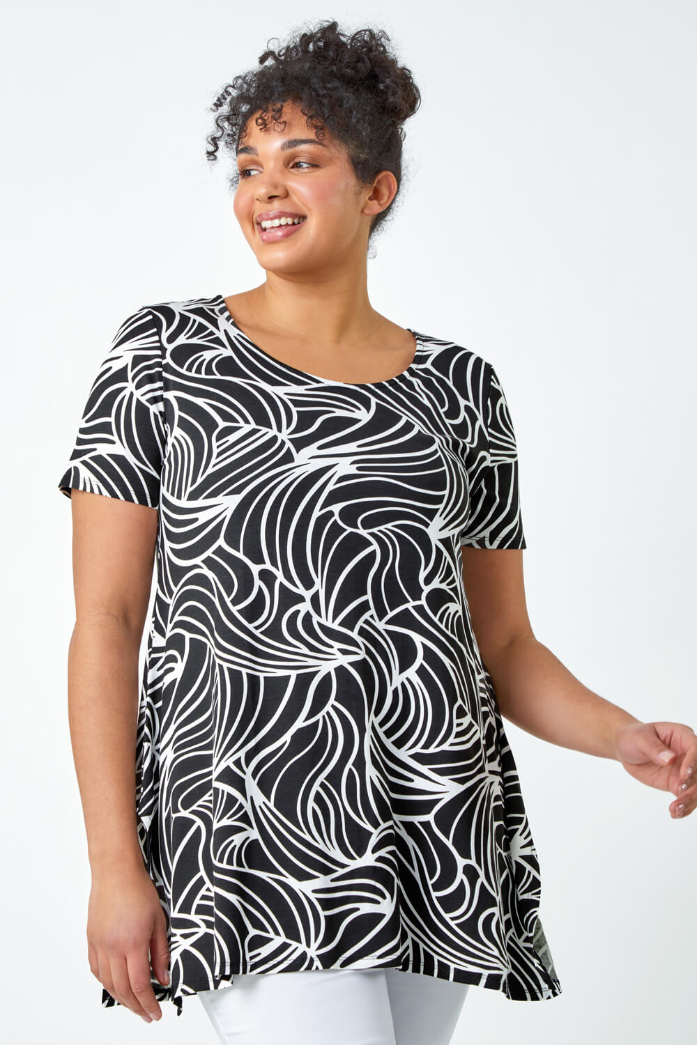 Black Curve Swirl Print Stretch Top, Image 3 of 5