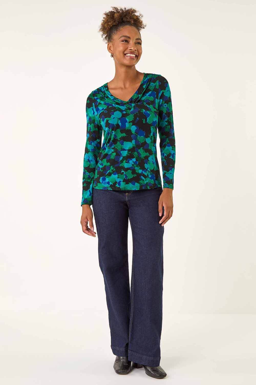 Green Printed V-Neck Stretch Top, Image 3 of 5
