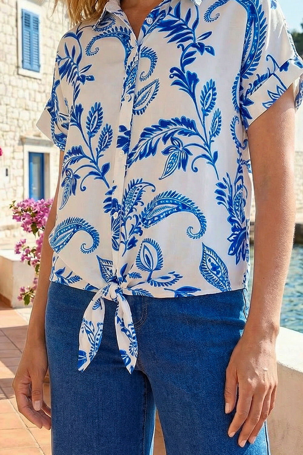 Blue Paisley Leaf Print Tie Front Top, Image 5 of 4