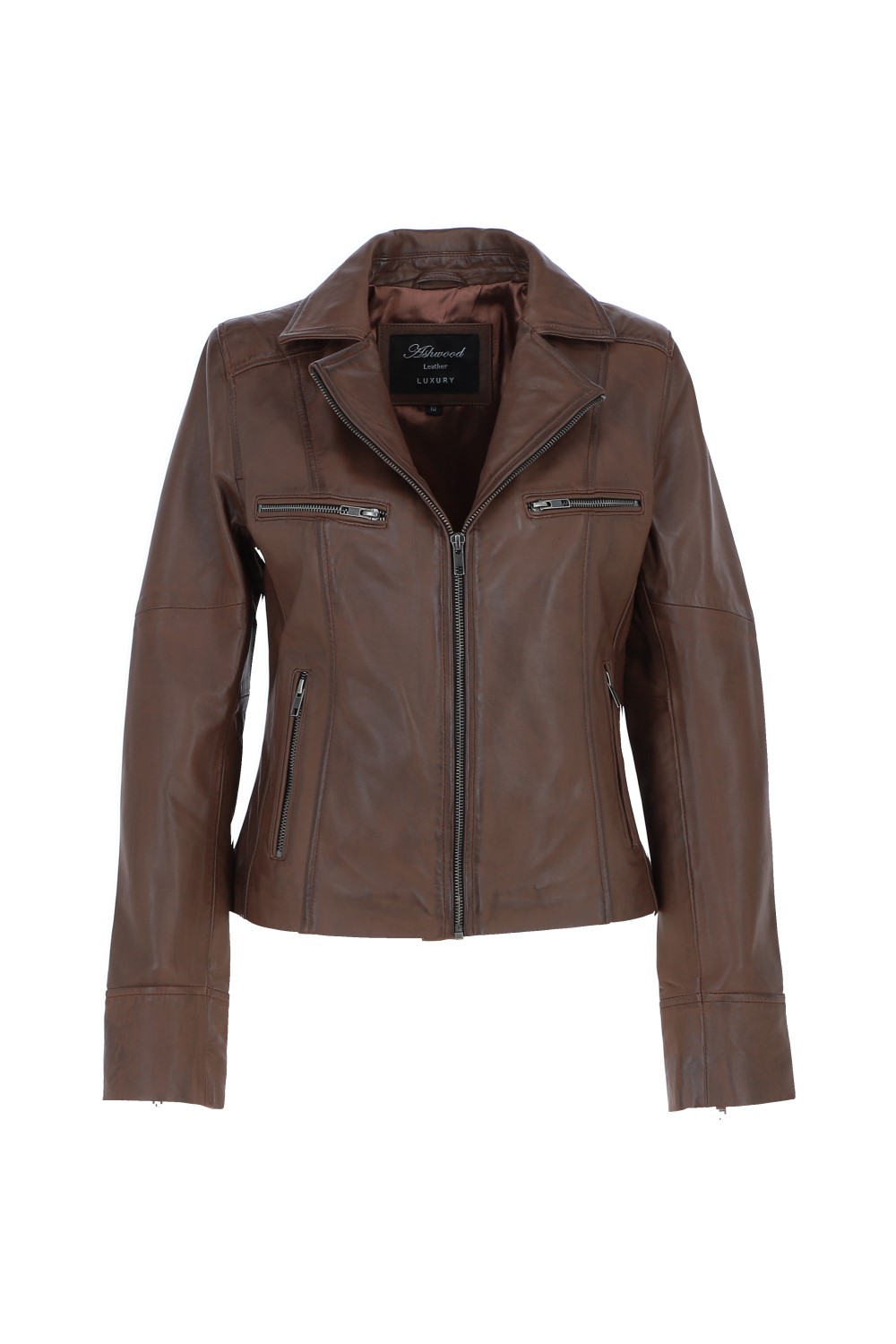 Brown 'Eva' Leather Biker Style Jacket Women Coat, Image 2 of 5