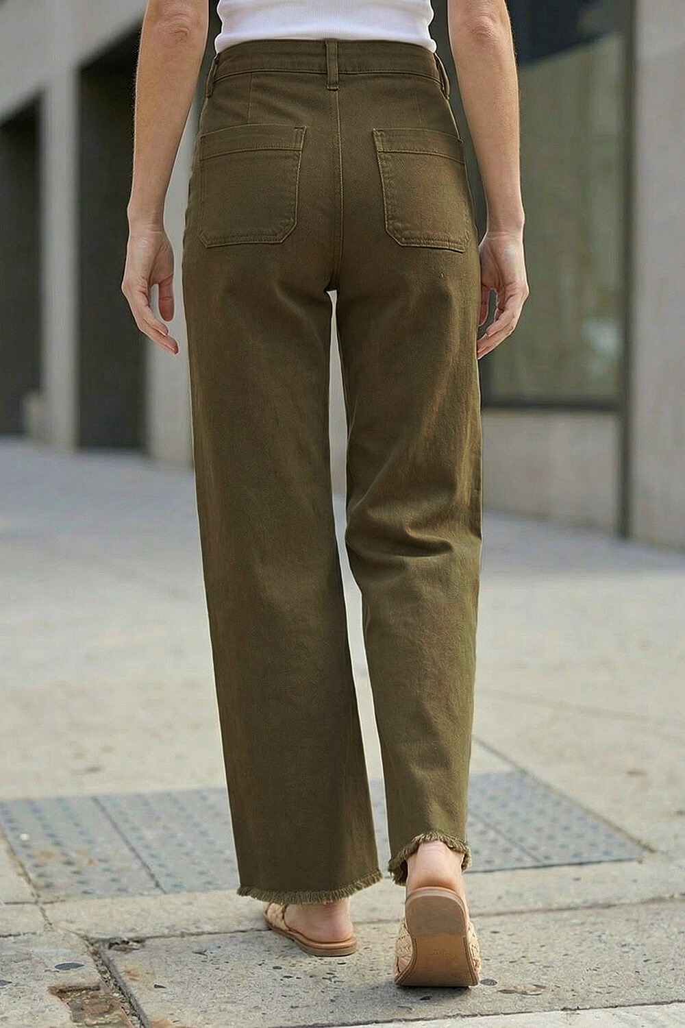 Khaki Petite Cotton Frayed Hem Trouser , Image 4 of 4