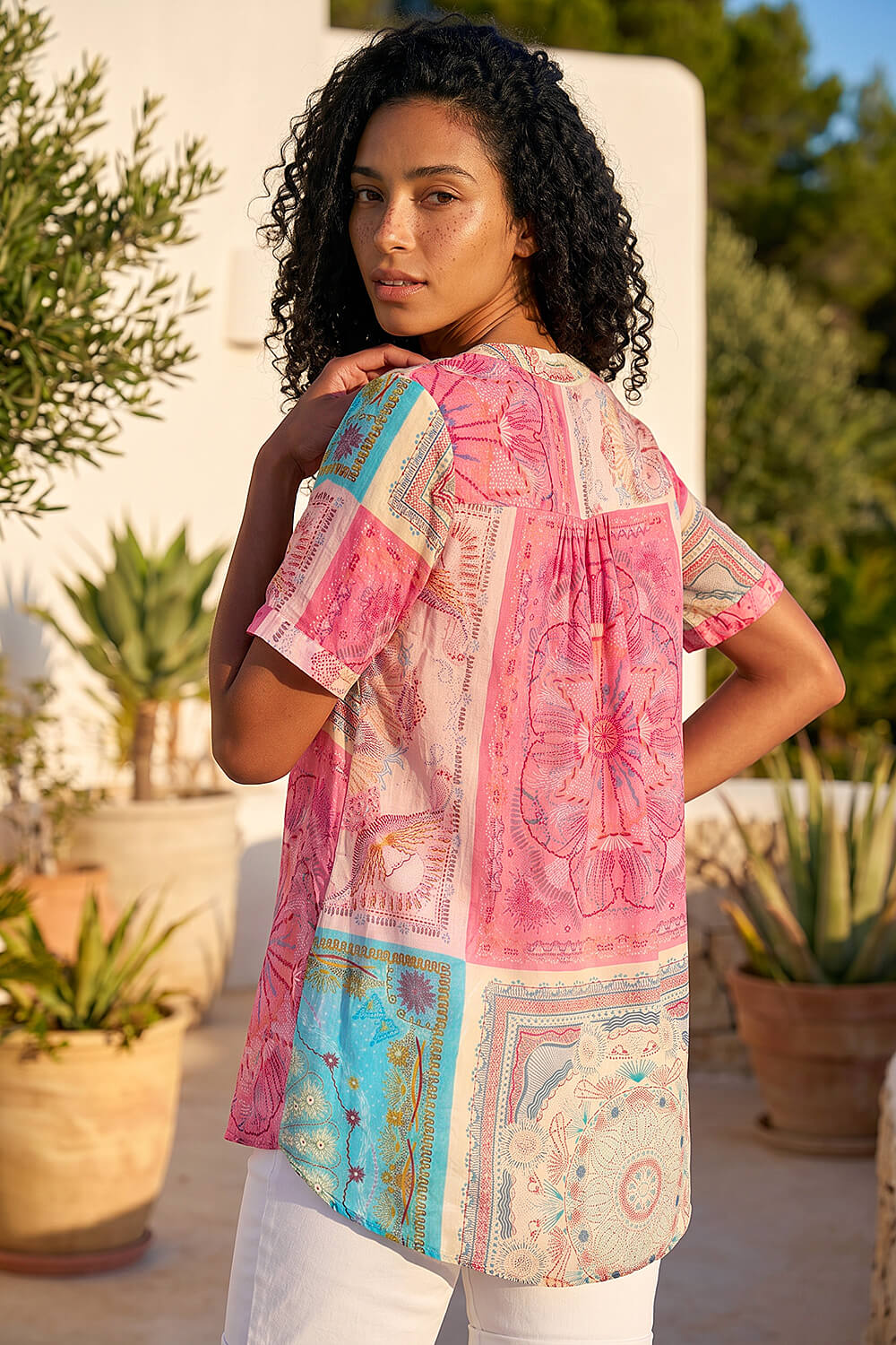 PINK Scarf Print Hotfix Buttoned Top, Image 4 of 4