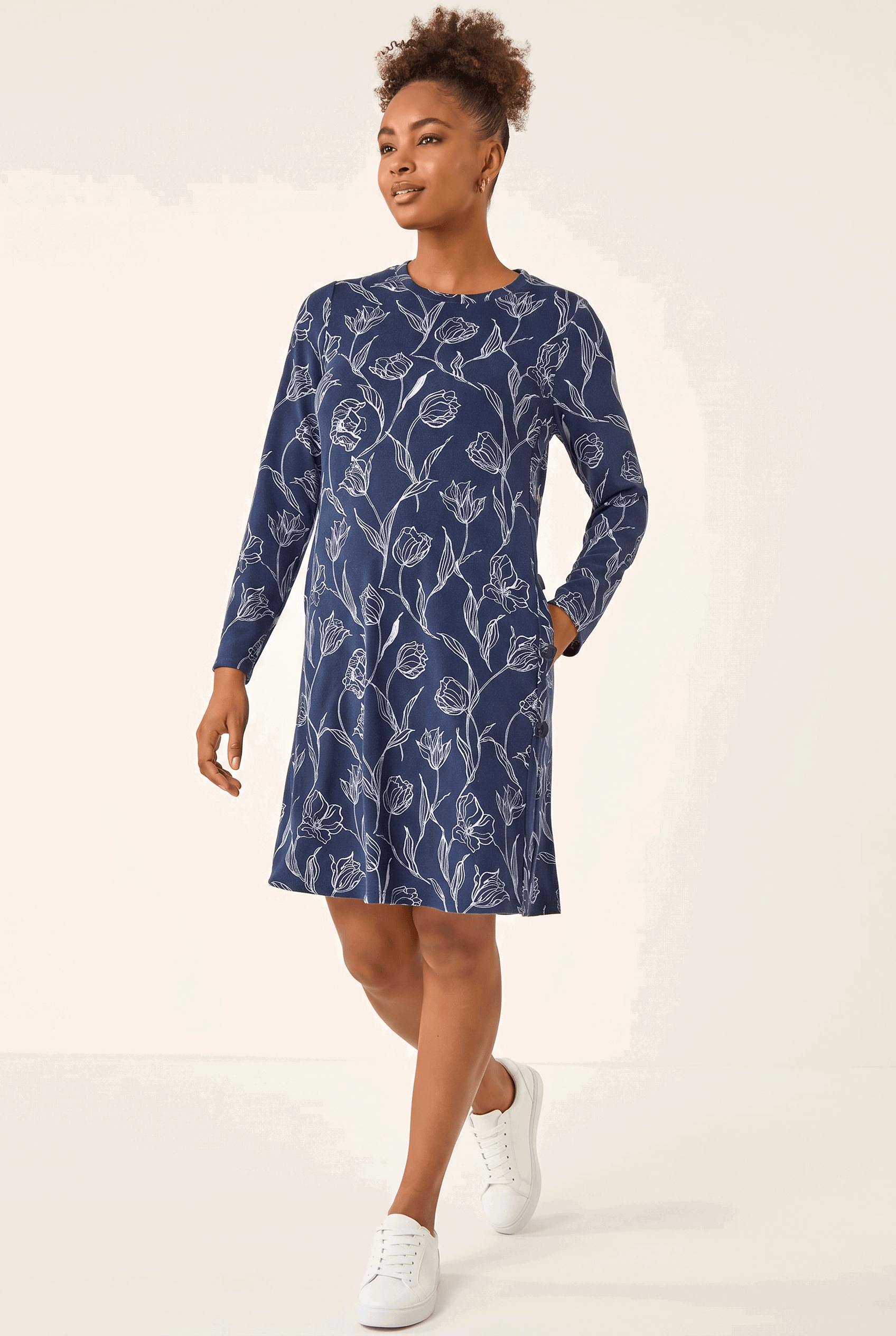 Roman Women's Navy Floral Print Side Button Stretch Dress Size 20