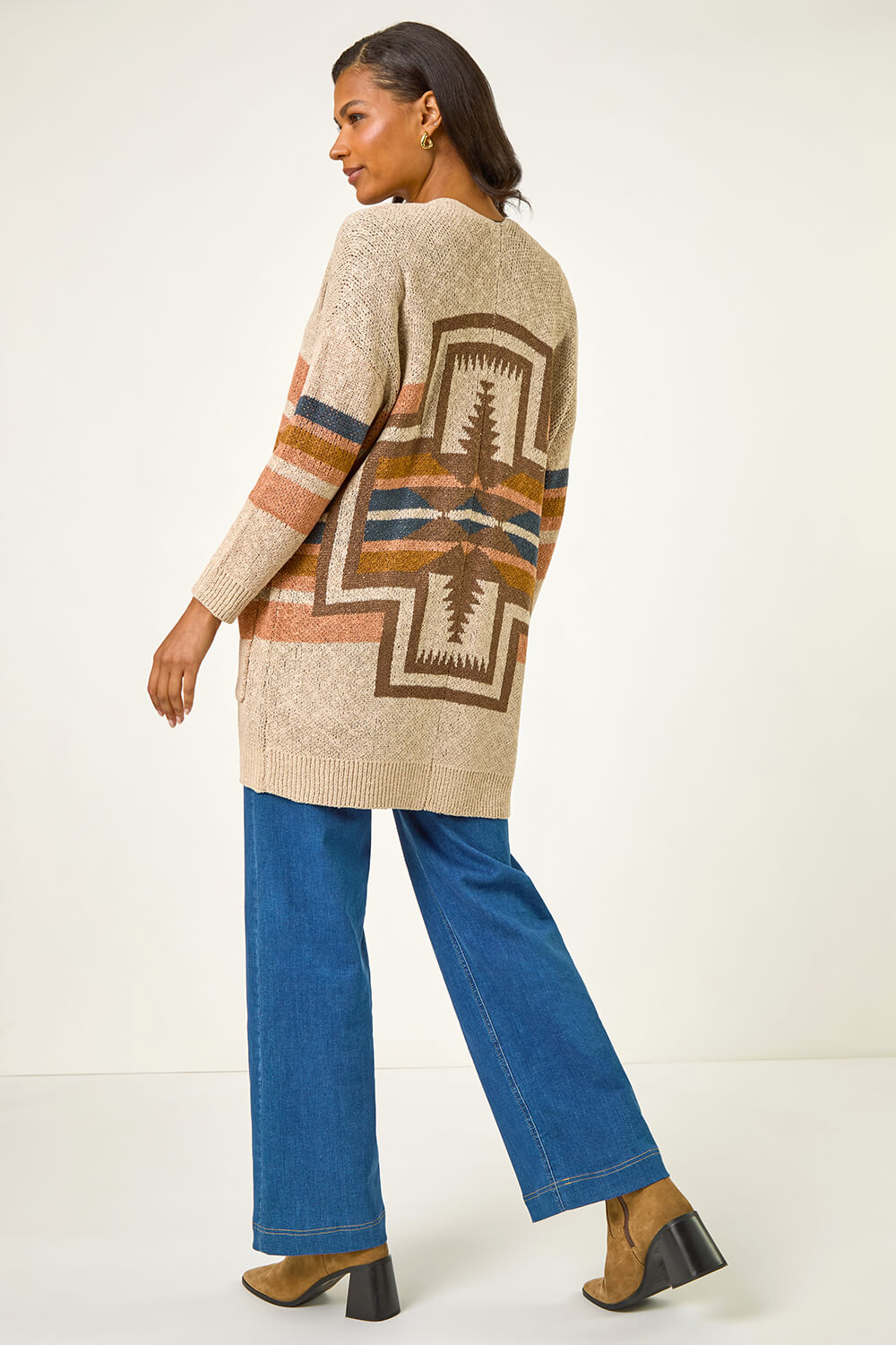 Camel  Stripe Knit Longline Cardigan, Image 4 of 5