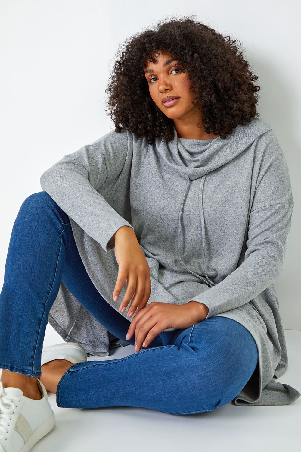 Grey Curve Cowl Neck Relaxed Stretch Tunic Top, Image 1 of 5