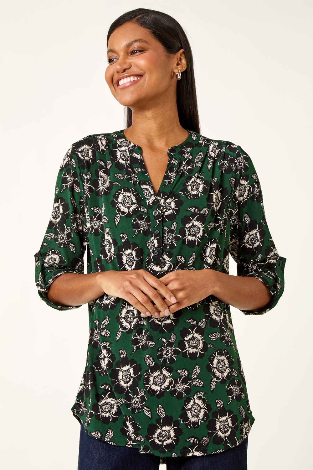 Green Floral Puff Print Stretch Shirt, Image 5 of 5
