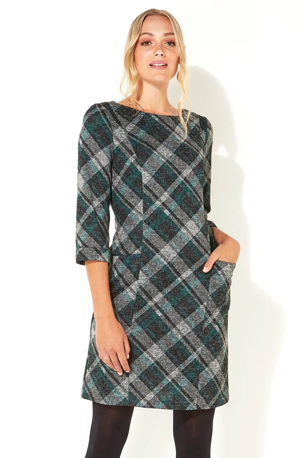 Green Check Print 3/4 Sleeve Shift Dress, Image 1 of 5