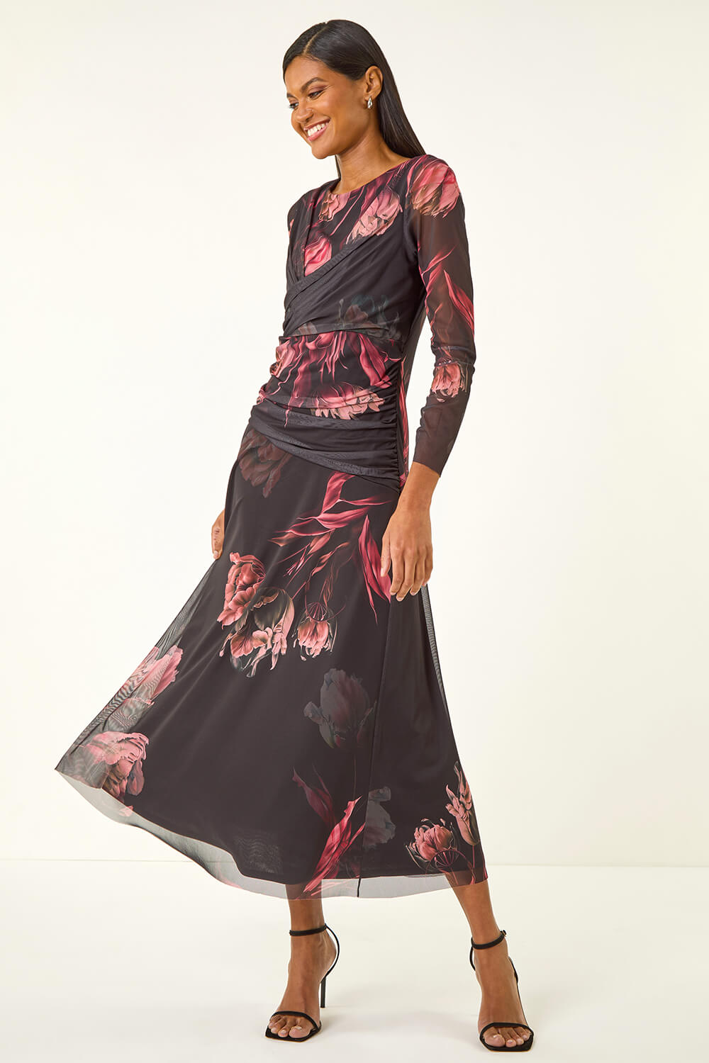 Black Floral Mesh Stretch Maxi Dress, Image 4 of 6