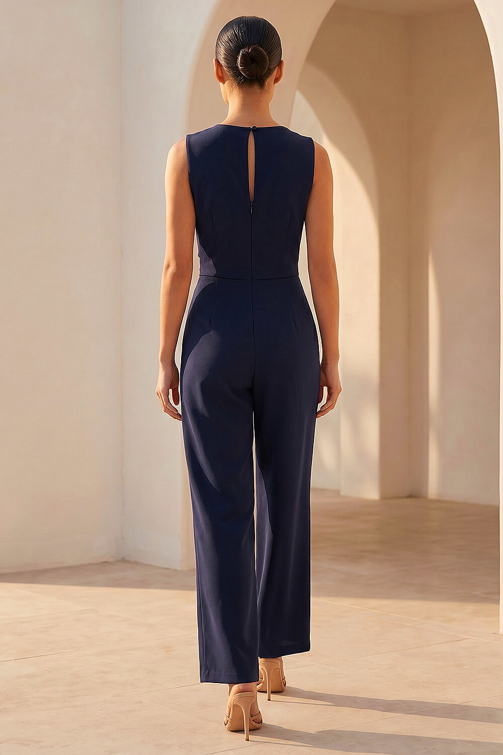 Navy Petite V-Neck Full Length Jumpsuit, Image 4 of 4