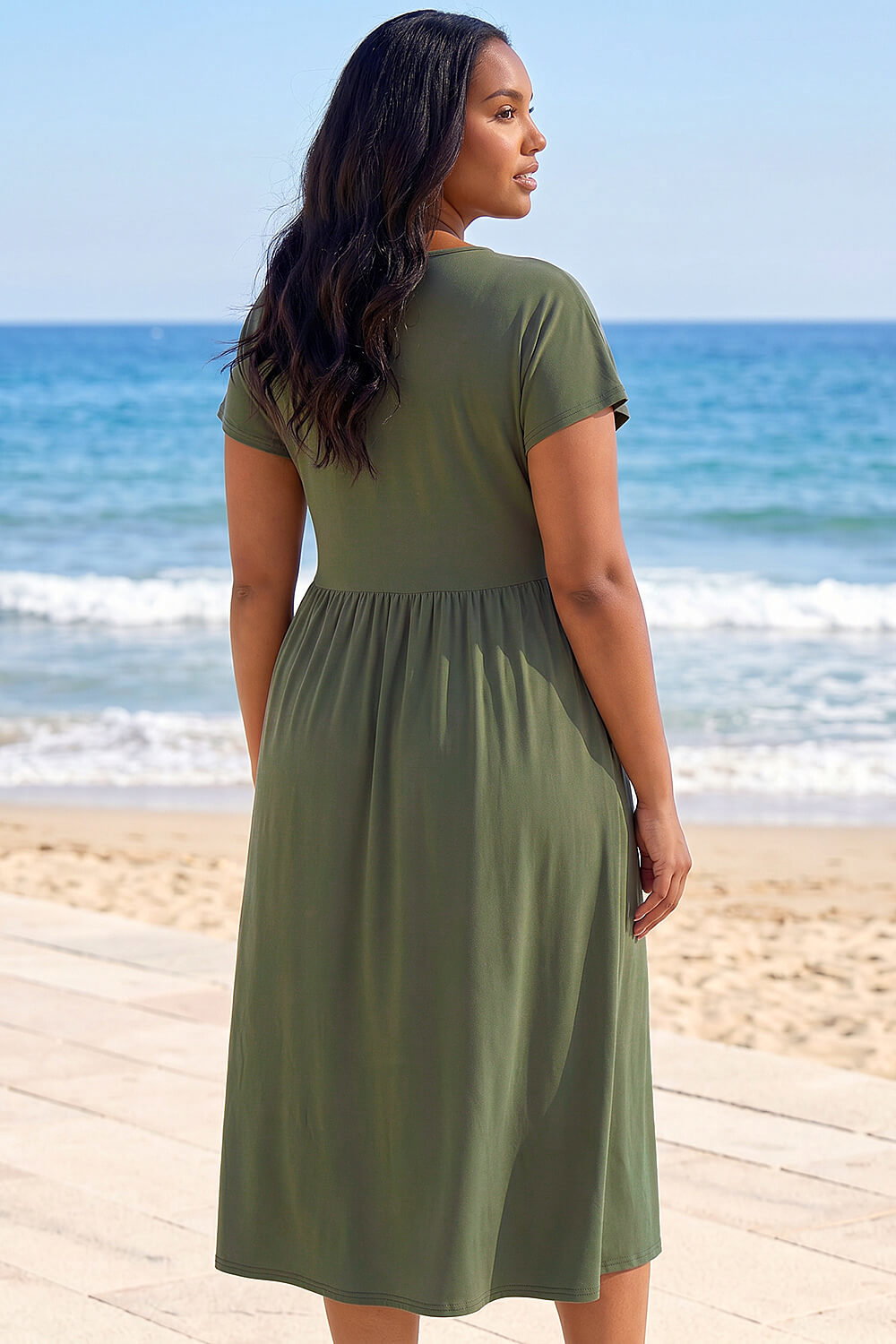 Khaki Curve Wrap Front Stretch Dress, Image 3 of 4