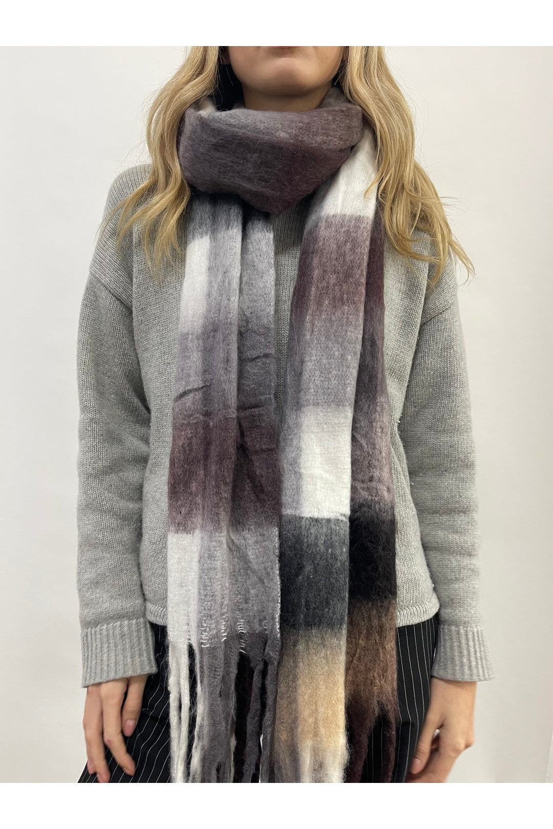 Brown Soft Chunky Checked Scarf With Tassels - Muted Browns