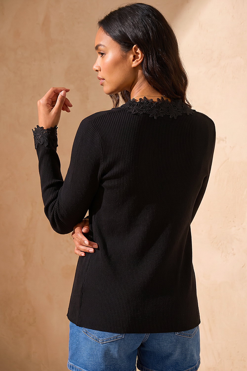 Black Lace Trim Knit Cardigan | Roman UK