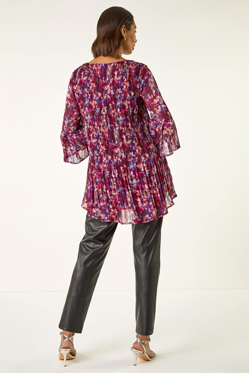 Wine Metallic Abstract Pleated Top, Image 4 of 5