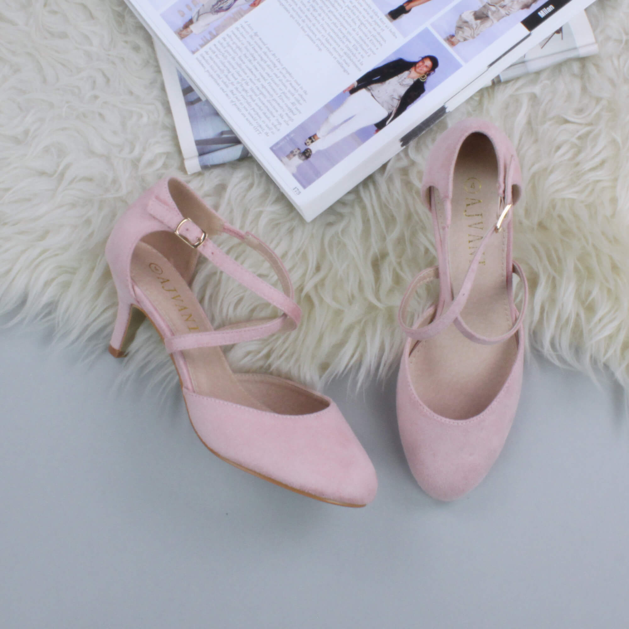 Light Pink AJVANI Light Pink Mid Heel Crossed Straps Court Shoes, Image 4 of 6