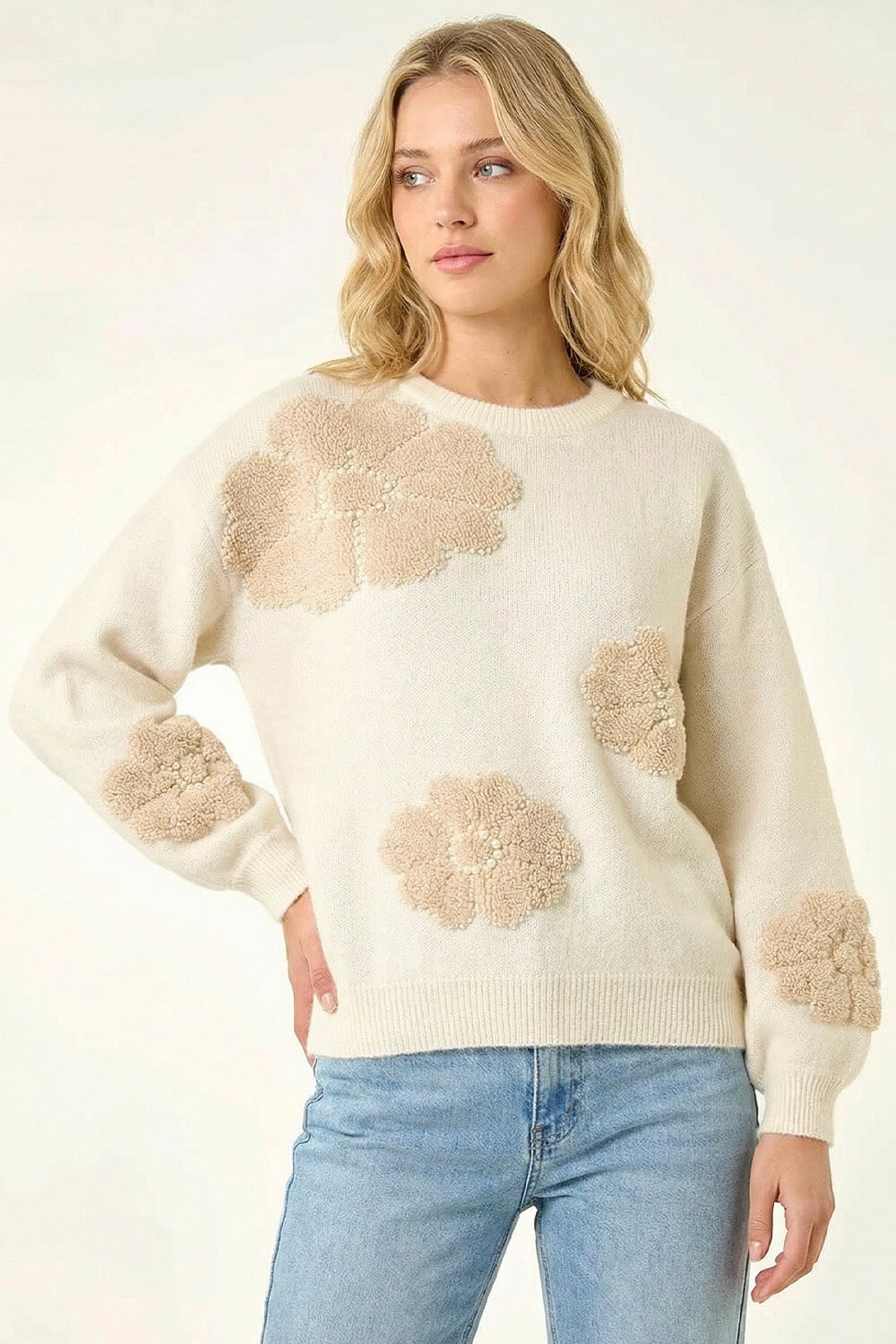 Ivory Floral Faux Pearl Knit Jumper, Image 5 of 5