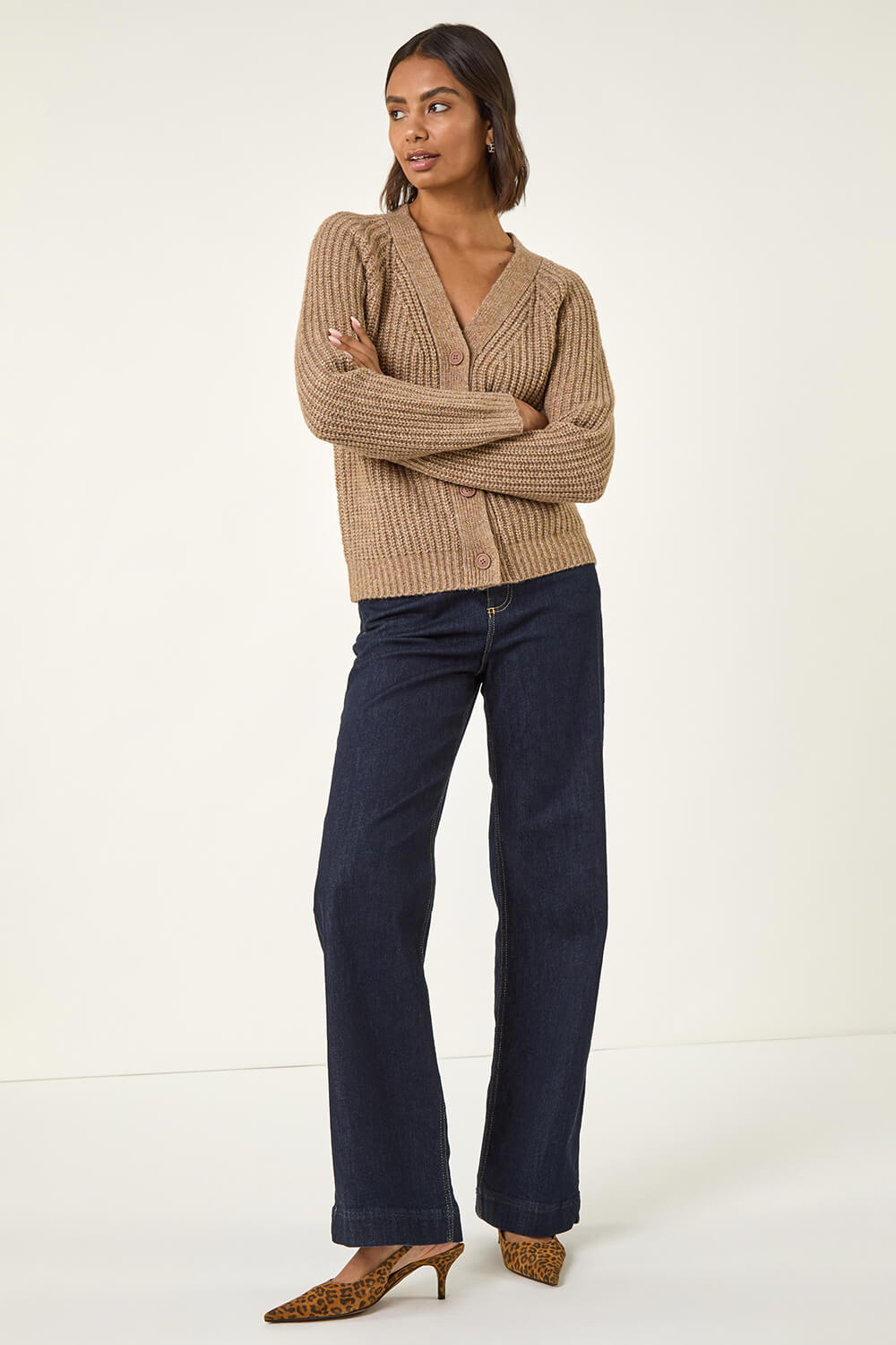 Beige Metallic Button Knit Cardigan, Image 4 of 6