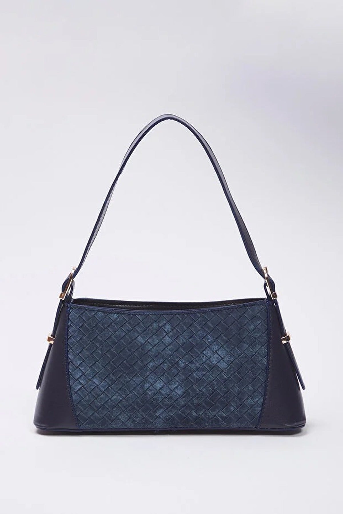 Navy WOVCOR Navy Woven Panel Shoulder Bag with Gold Hardware, Image 4 of 4
