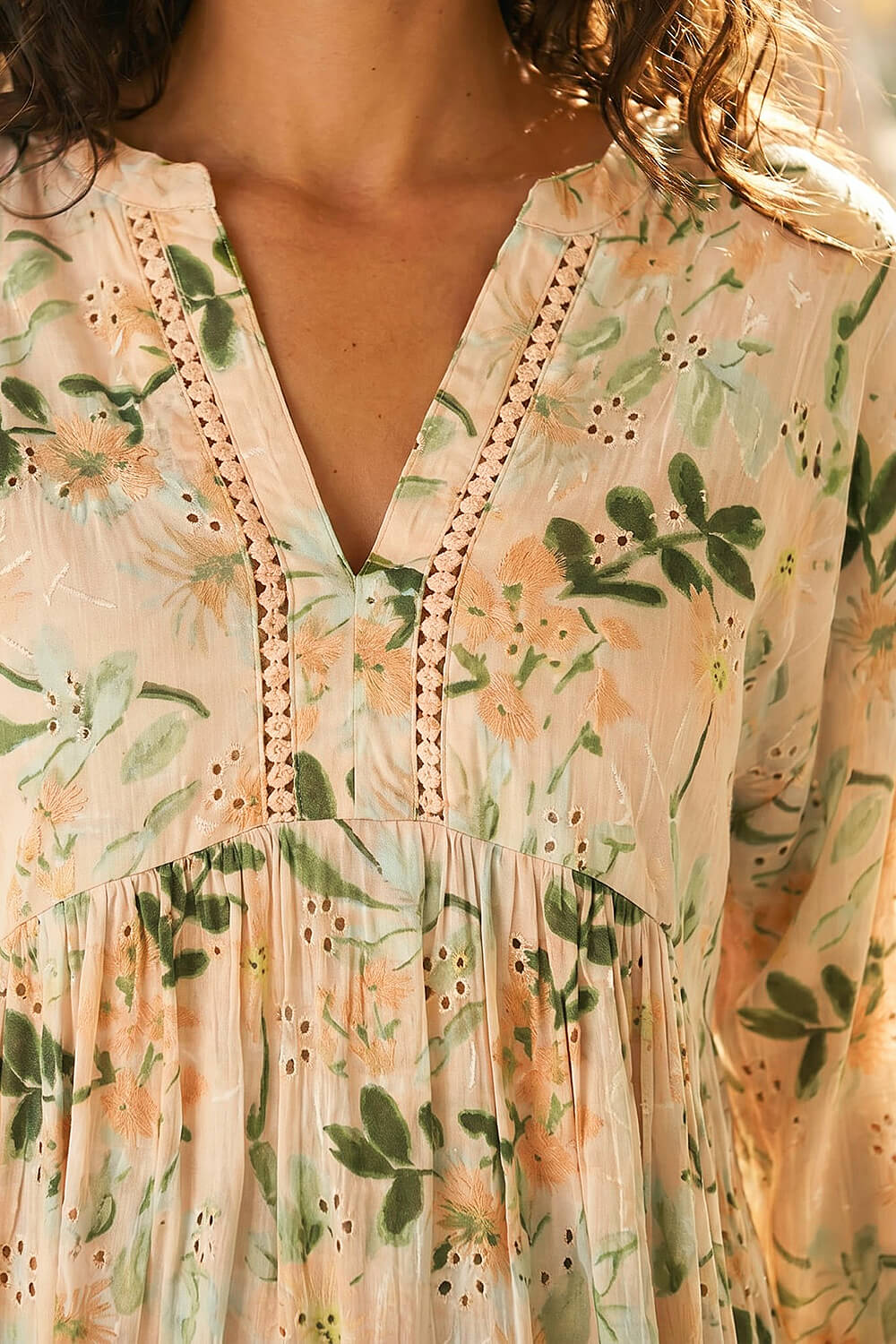 Peach Floral Broderie Trim Tunic Top, Image 5 of 4