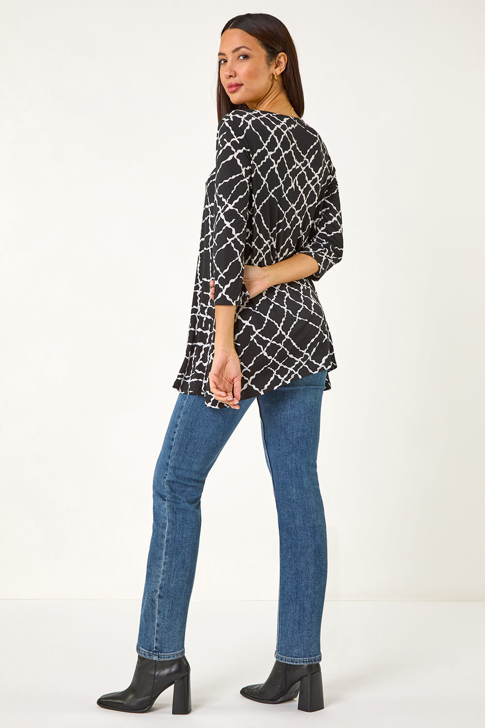 Black Abstract Check Print Asymmetric Tunic, Image 5 of 5