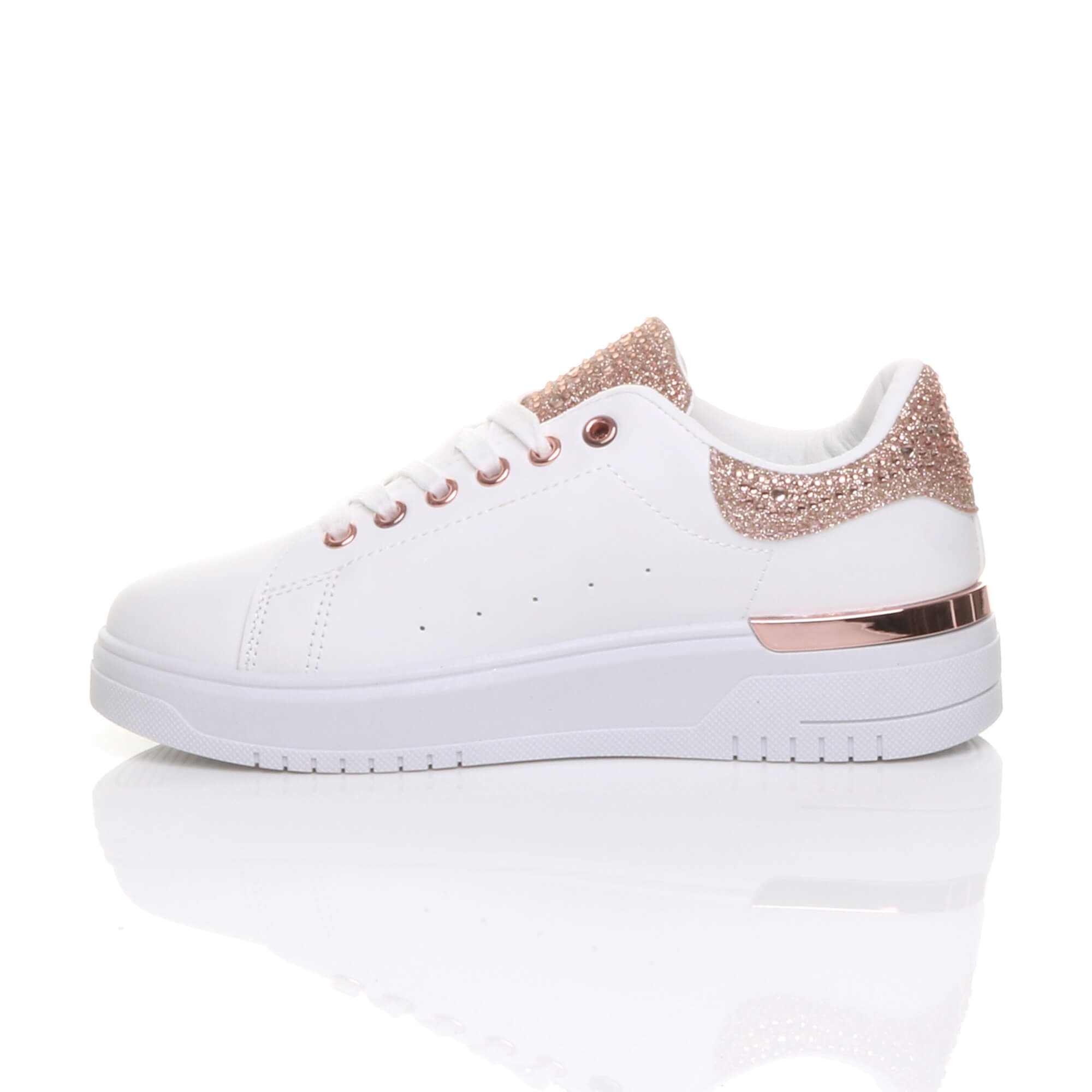 Rose Gold AJVANI Rose Gold Flat Chunky Diamante Sparkly Trainers, Image 3 of 6