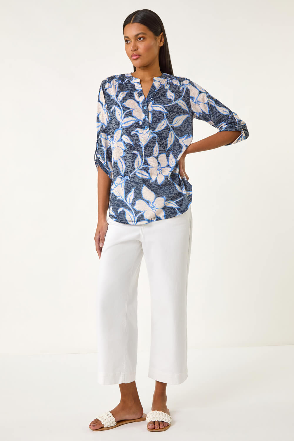 Navy Floral Print Burnout V-Neck Stretch Shirt, Image 4 of 5