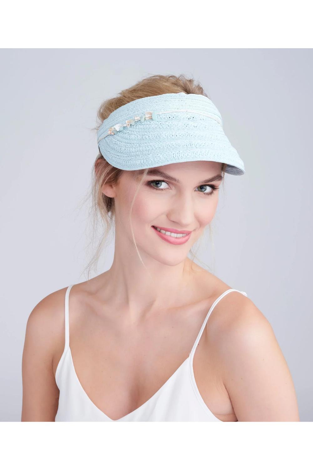 Turqouise Vera - Shell Beaded Straw Sun Visor - Light Turquoise, Image 1 of 1