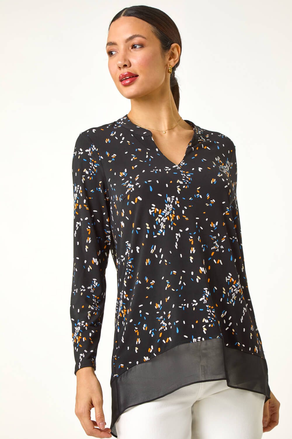 Abstract Print V- Neck Zip Top