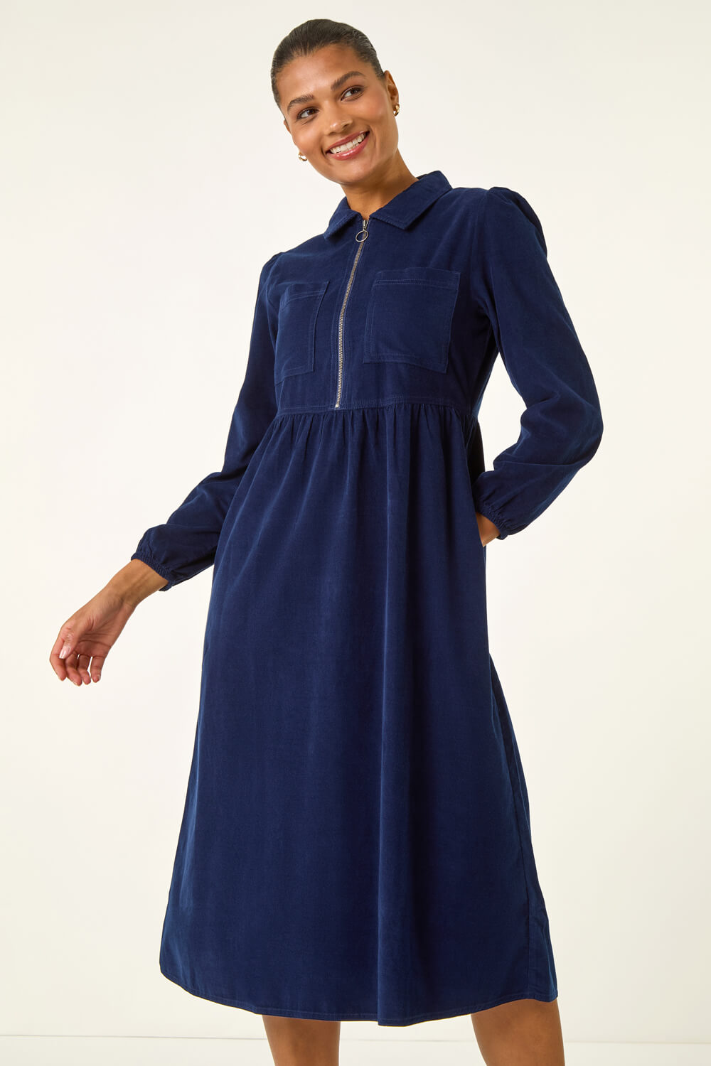 Navy  Corduroy Zip Detail Midi Dress, Image 5 of 5