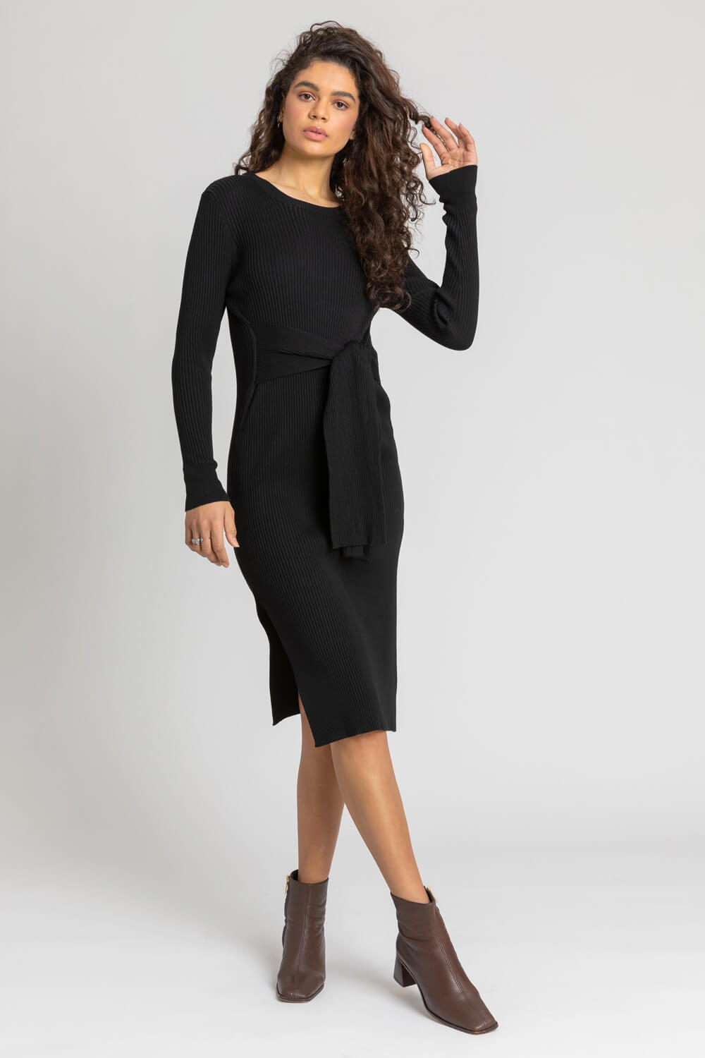 Black Side Split Belted Knit Dress | Dusk UK