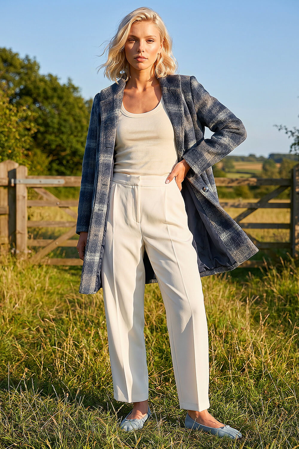 Navy Petite Check Coat, Image 4 of 5