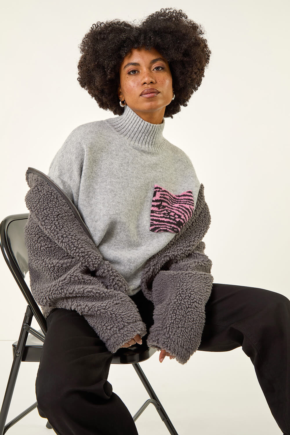 Light Grey Animal Print Pocket Knit Jumper, Image 5 of 5