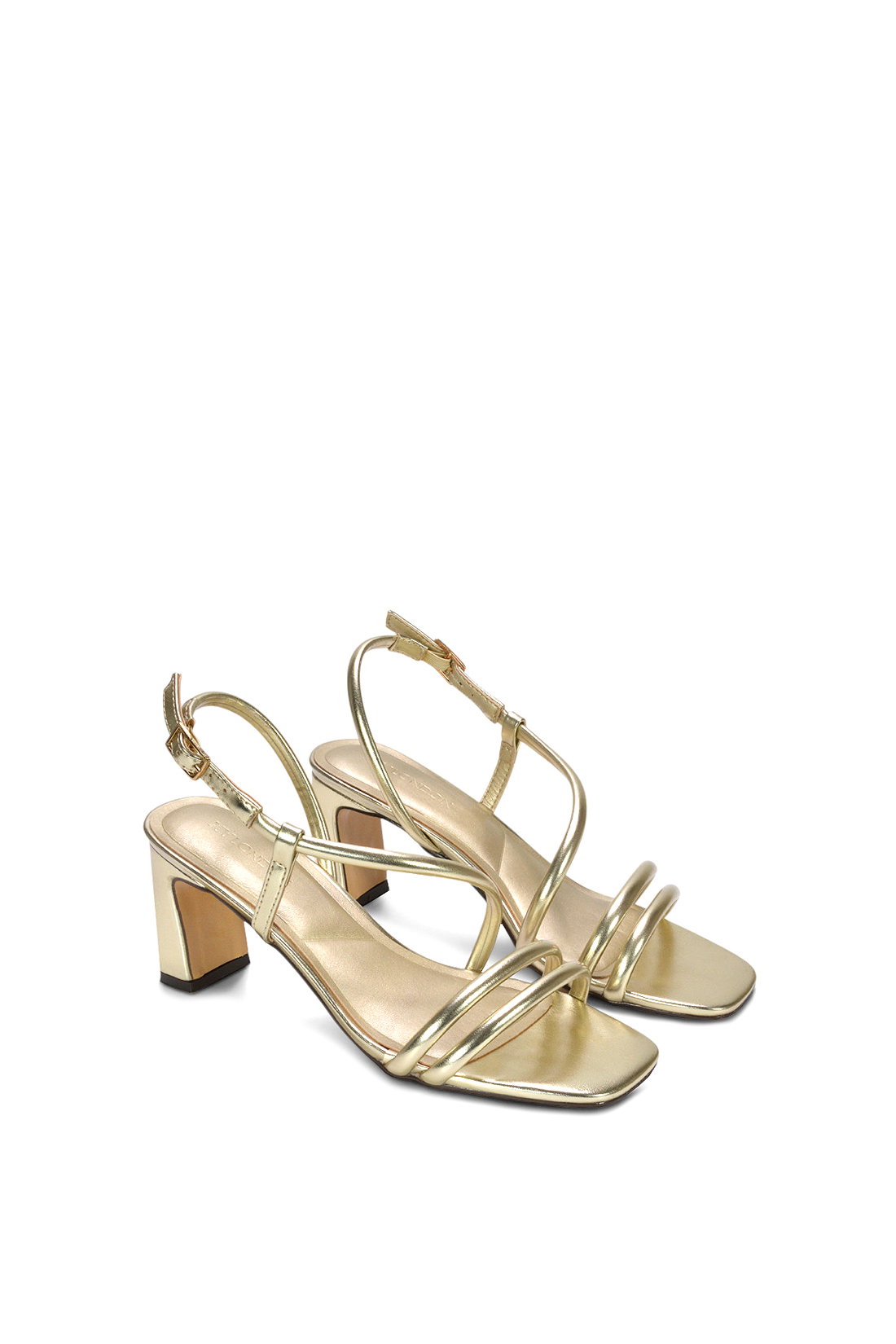 Gold XY LONDON Gold Strappy Slingback Mid Block Heel Sandals With Square Toe, Image 5 of 6