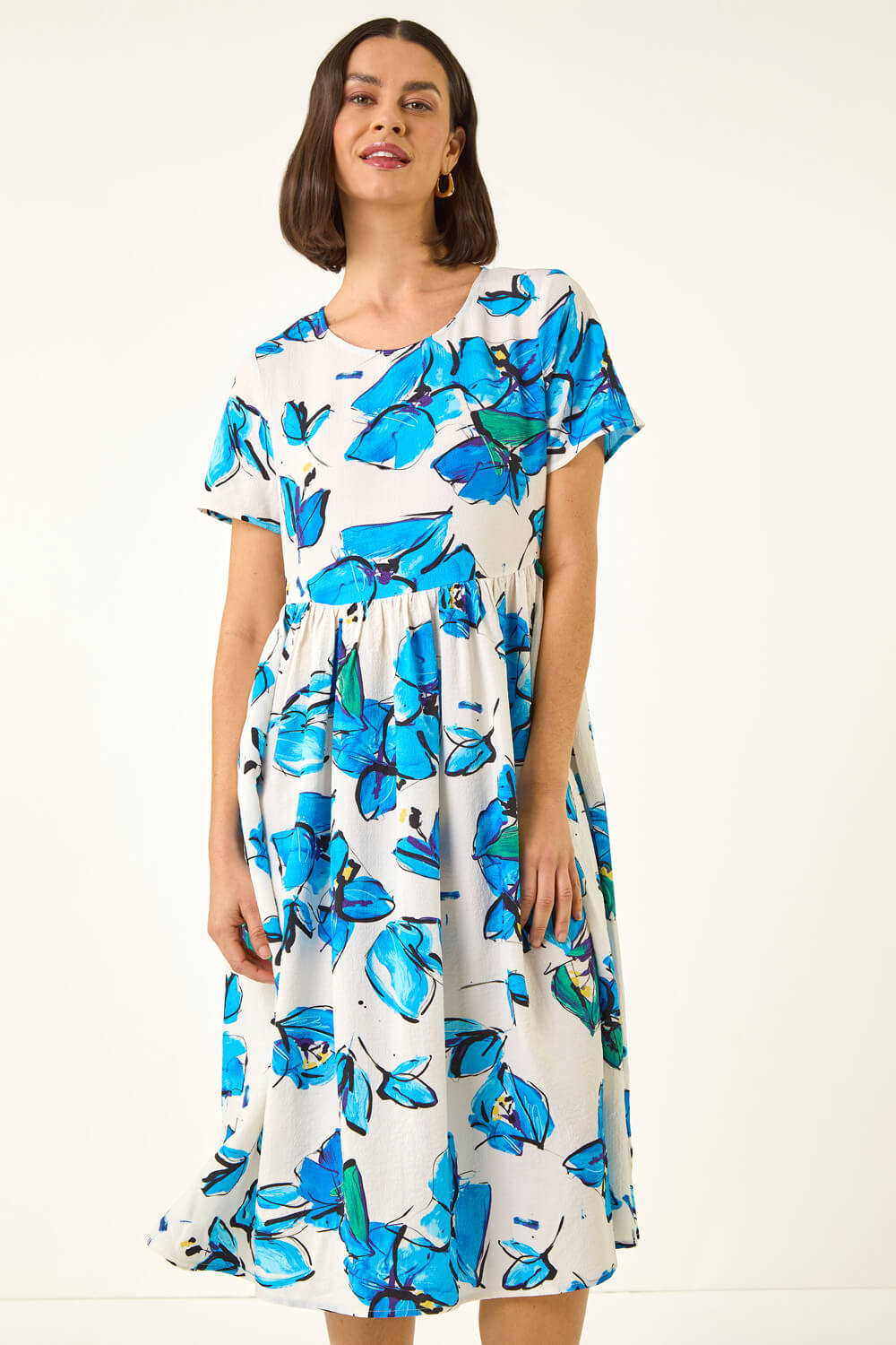 Blue Floral Smock Midi Dress | Roman UK