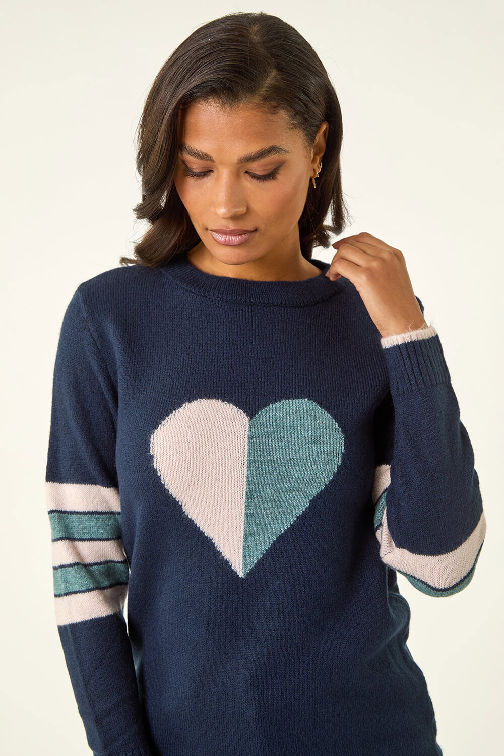 Midnight Blue Heart Print Stripe Sleeve Jumper, Image 5 of 5