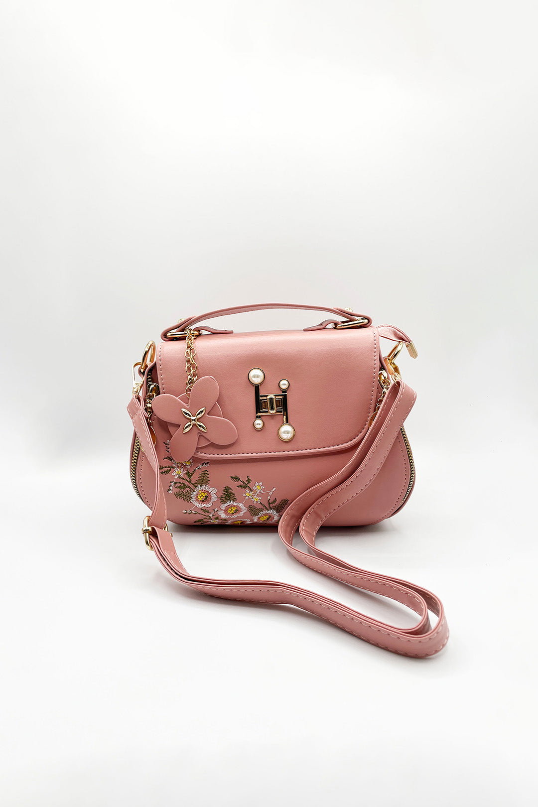 Pink Embroidered Shoulder Bag With Zip Charms, Image 2 of 5
