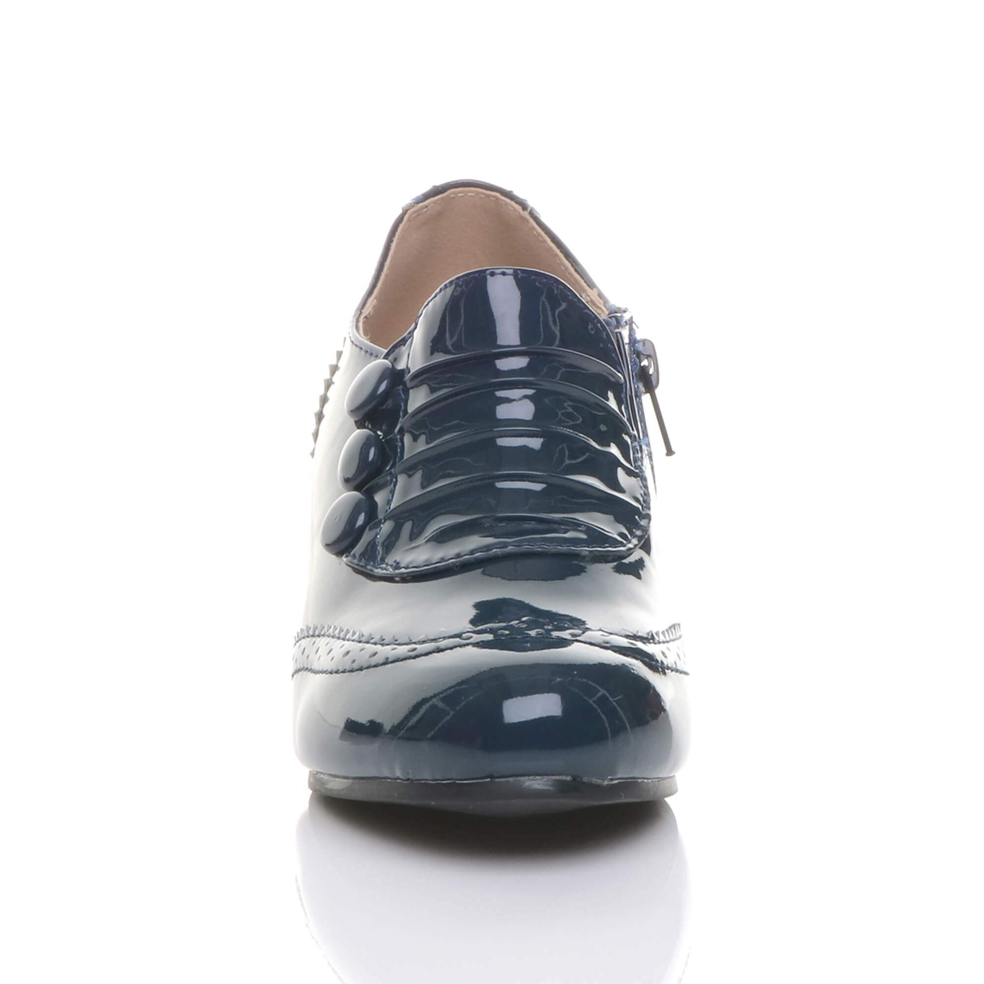 Navy Blue AJVANI Navy Blue Mid Cuban Heel Brogue Button Ankle Boots, Image 6 of 6