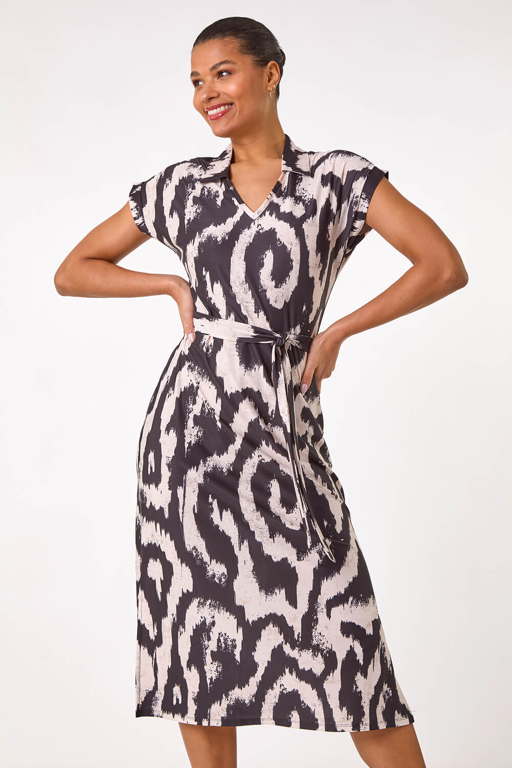 Beige Abstract Print Belted Stretch Midi Dress, Image 5 of 5