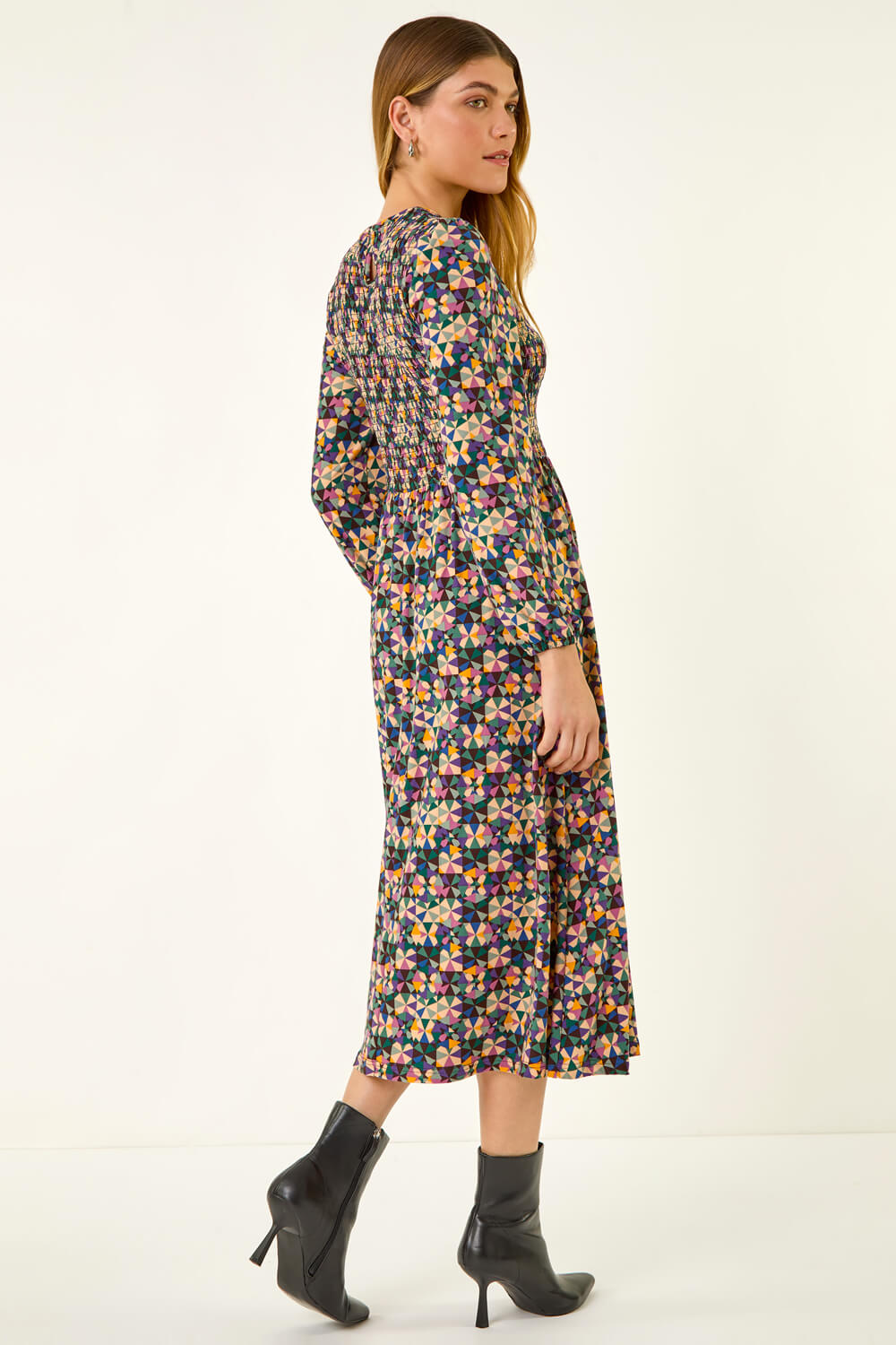 Mauve Geometric Print Shirred Midi Dress, Image 4 of 5