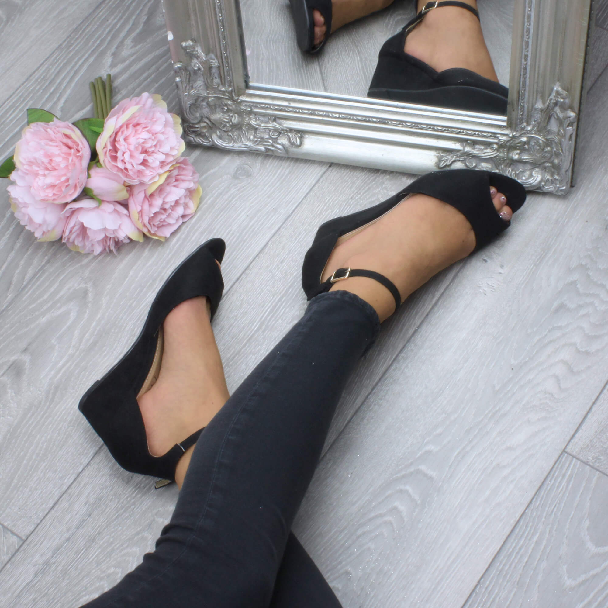 Black AJVANI Black Mid Wedge Heel Ankle Strap Sandals, Image 5 of 6
