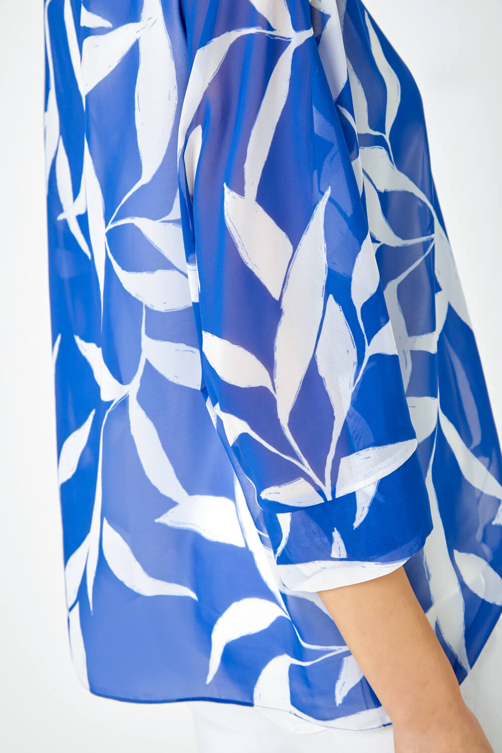 Blue Leaf Print Chiffon Overlay Top, Image 6 of 5