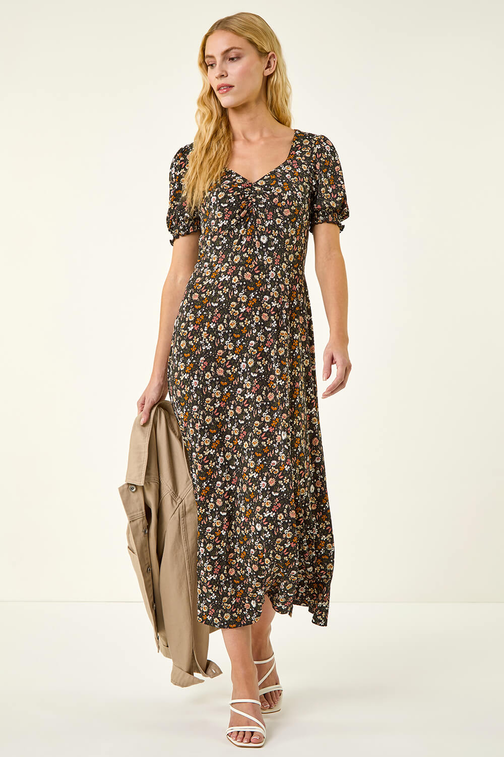 Pink Floral Ruched Midi Dress, Image 3 of 7