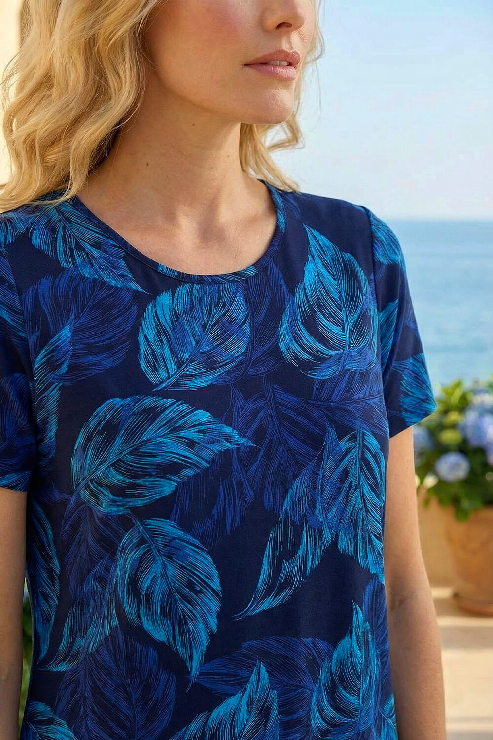 Navy Leaf Print Stretch Tunic Top, Image 5 of 4