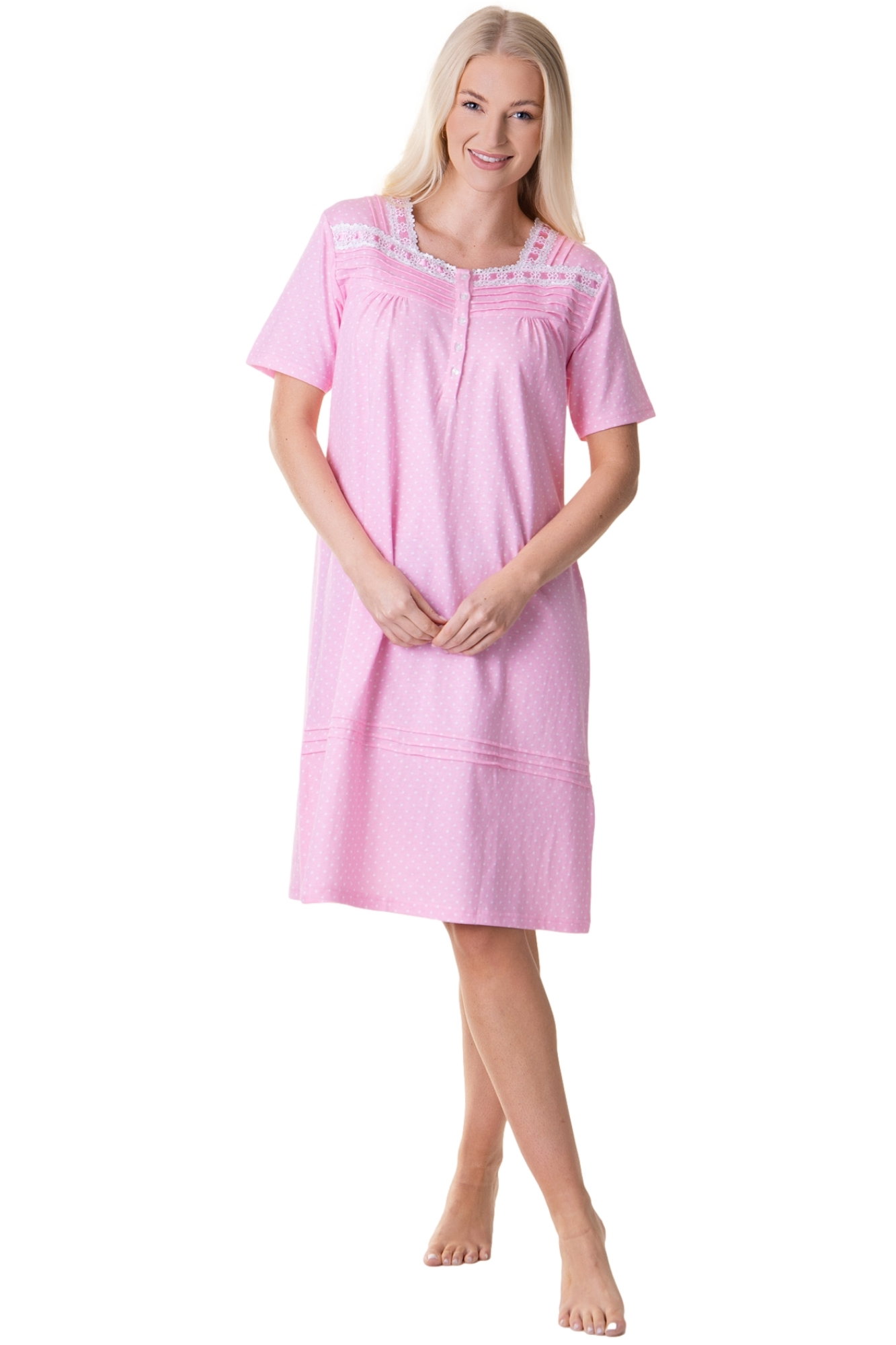 Pink Camille Lingerie Pink Cotton Short Sleeve Polka Dot Nightdress, Image 2 of 6