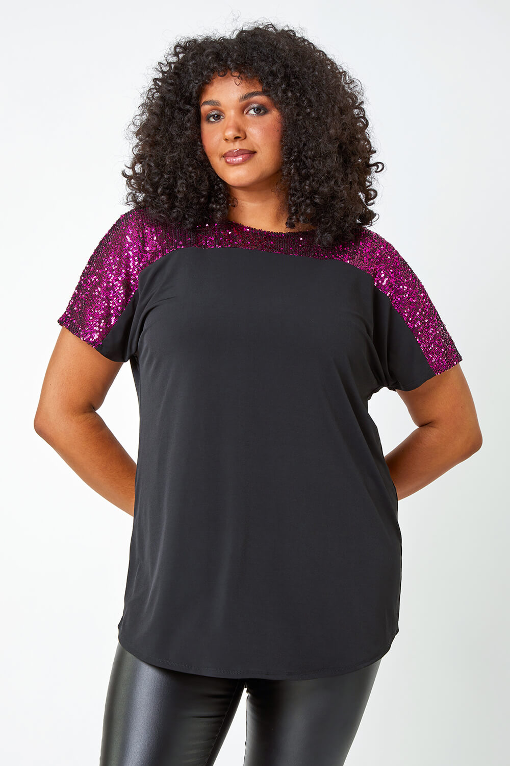 Fuchsia Curve Sequin Embellished Stretch Top, Image 4 of 7