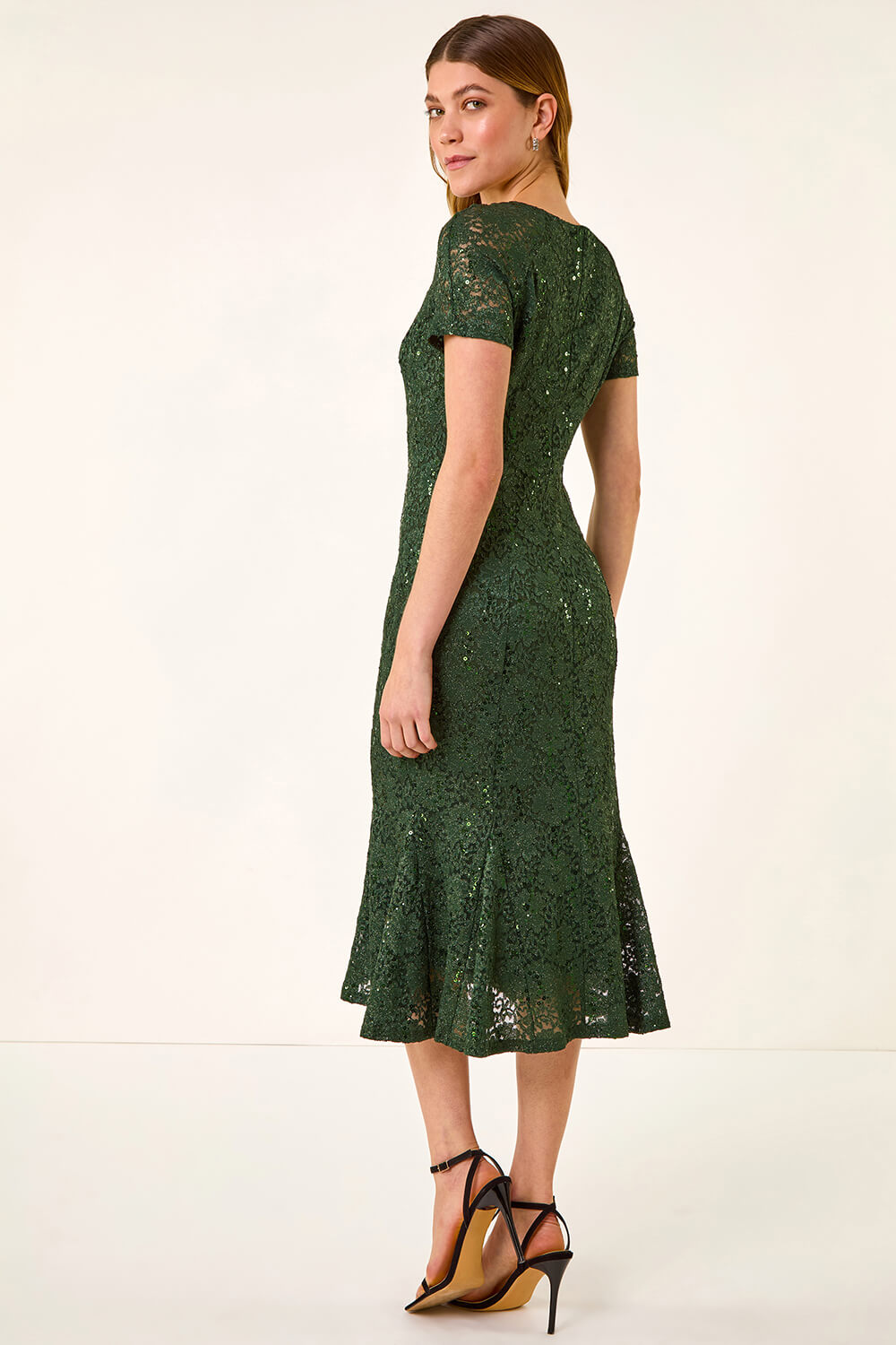 Green Leaf Lace Sequin Midi Dress, Image 4 of 5