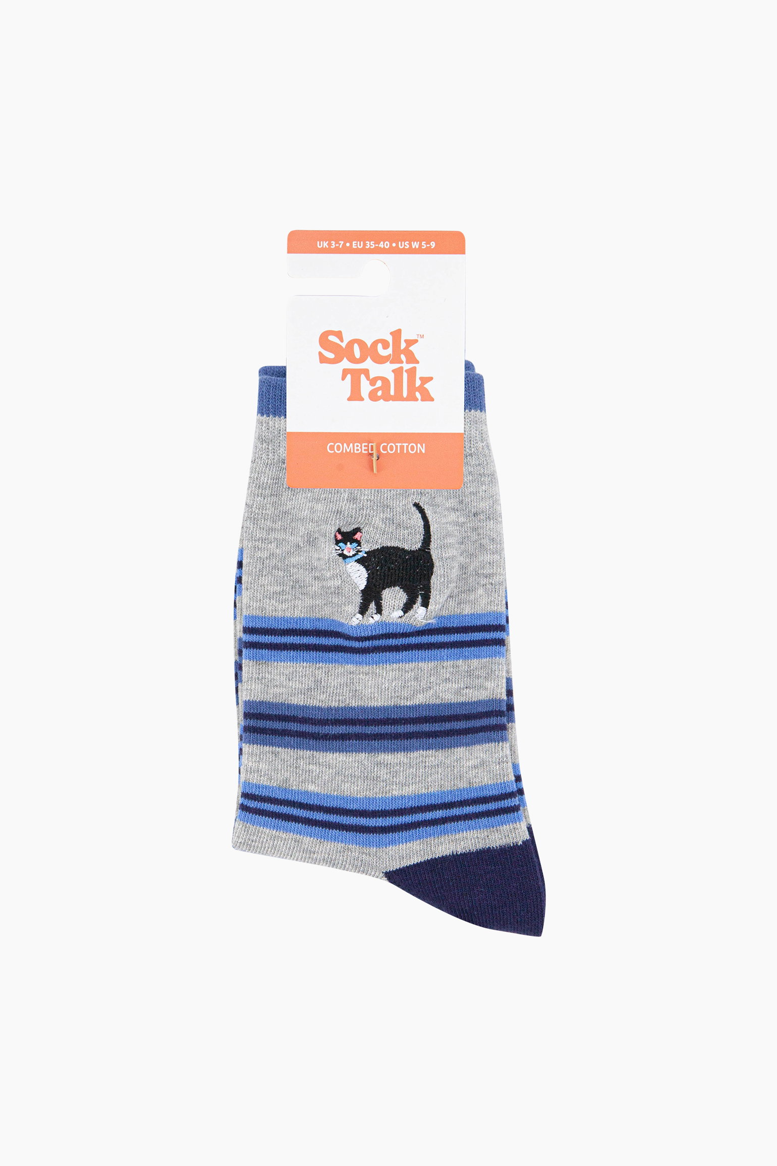 Grey Embroidered Cat Combed Cotton Socks, Image 4 of 4