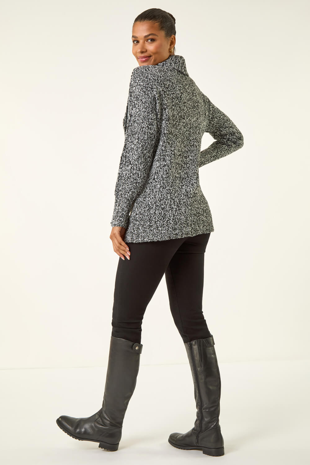 Black Roll Neck Button Detail Longline Jumper , Image 4 of 5
