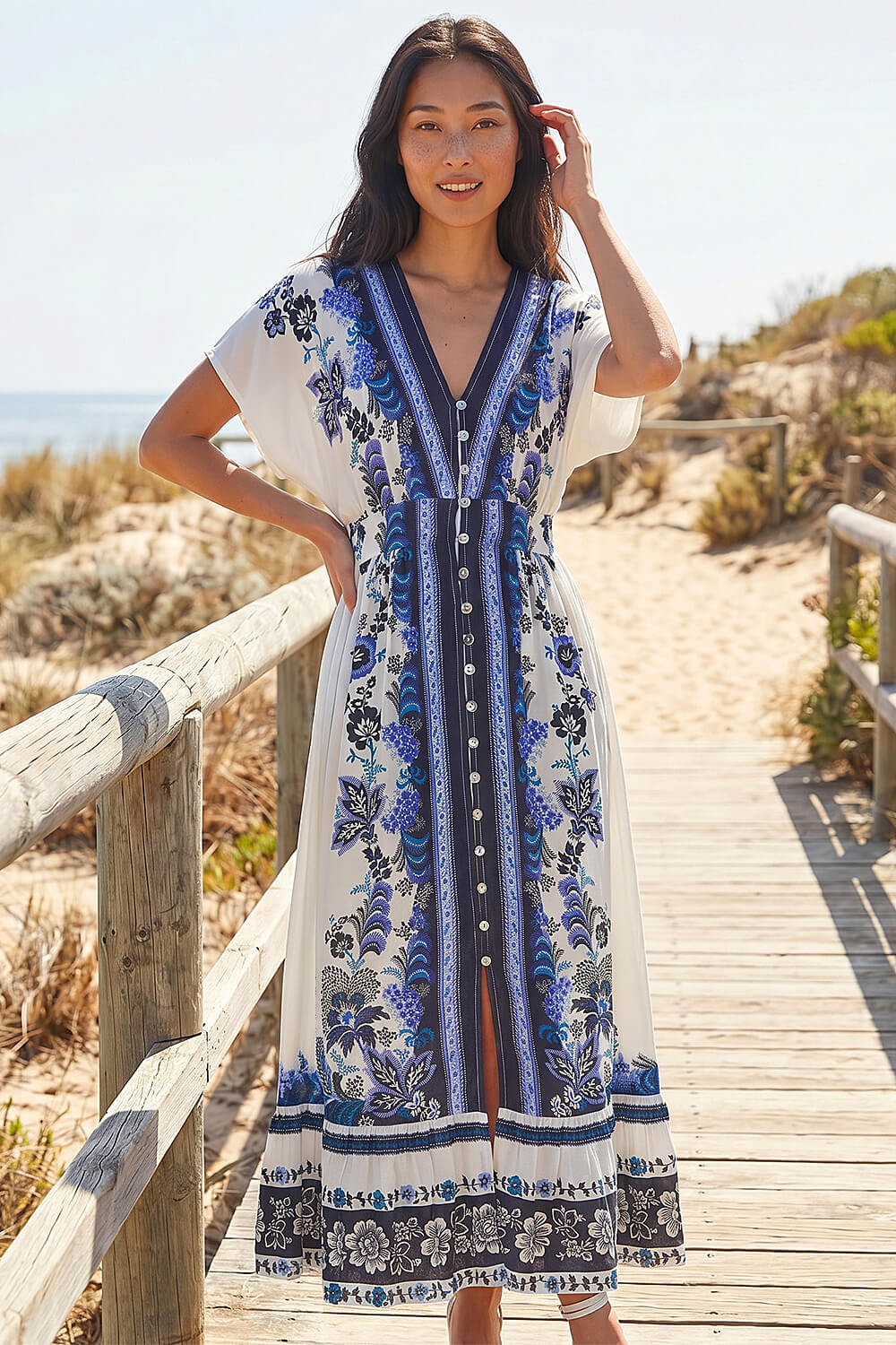 Blue Petite Border Print V-Neck Midi Dress , Image 3 of 4